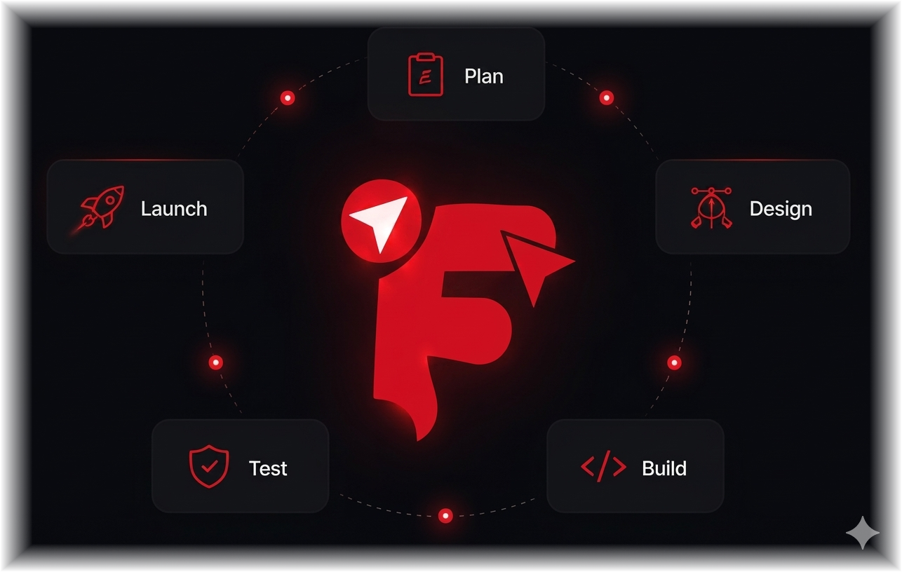 Fayek Agency process: Plan, Design, Build, Test, Launch
